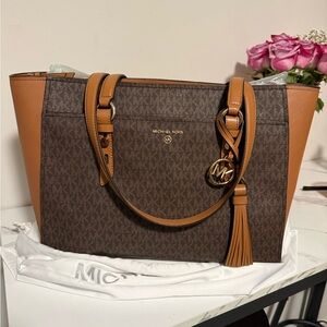 Michael Kors Brown & Tan MK Monogram Tote with Tassel Charm